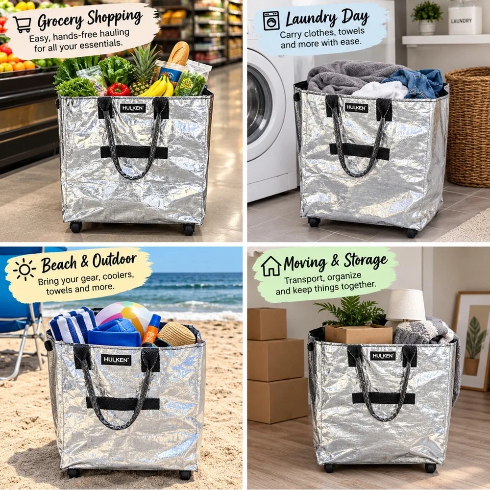 Hulken Silver Chrome Black Large Rolling Tote Bag Used